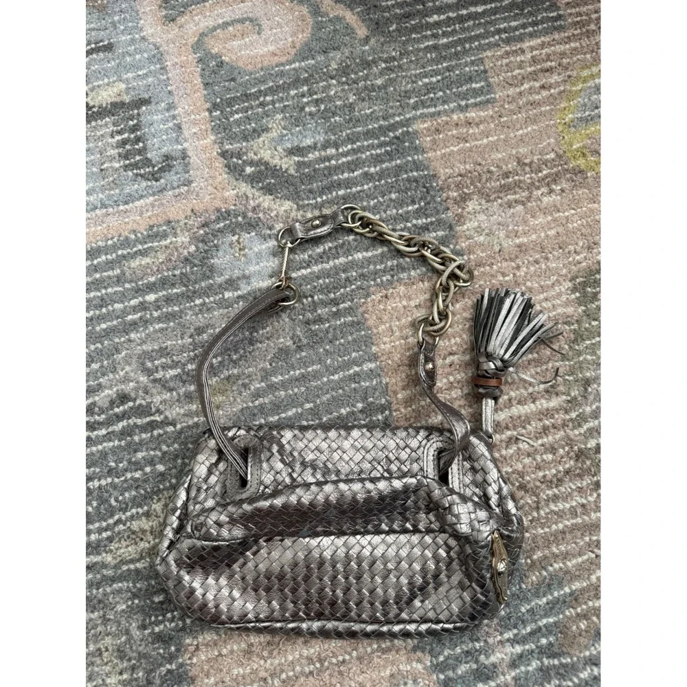 Elliott Lucca Pewter Woven Leather Shoulder Bag Metallic Y2K Tassel